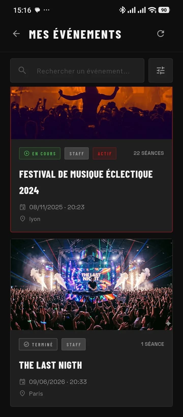 Liste des événements et séances de l'organisateur dans IciBillet Scan