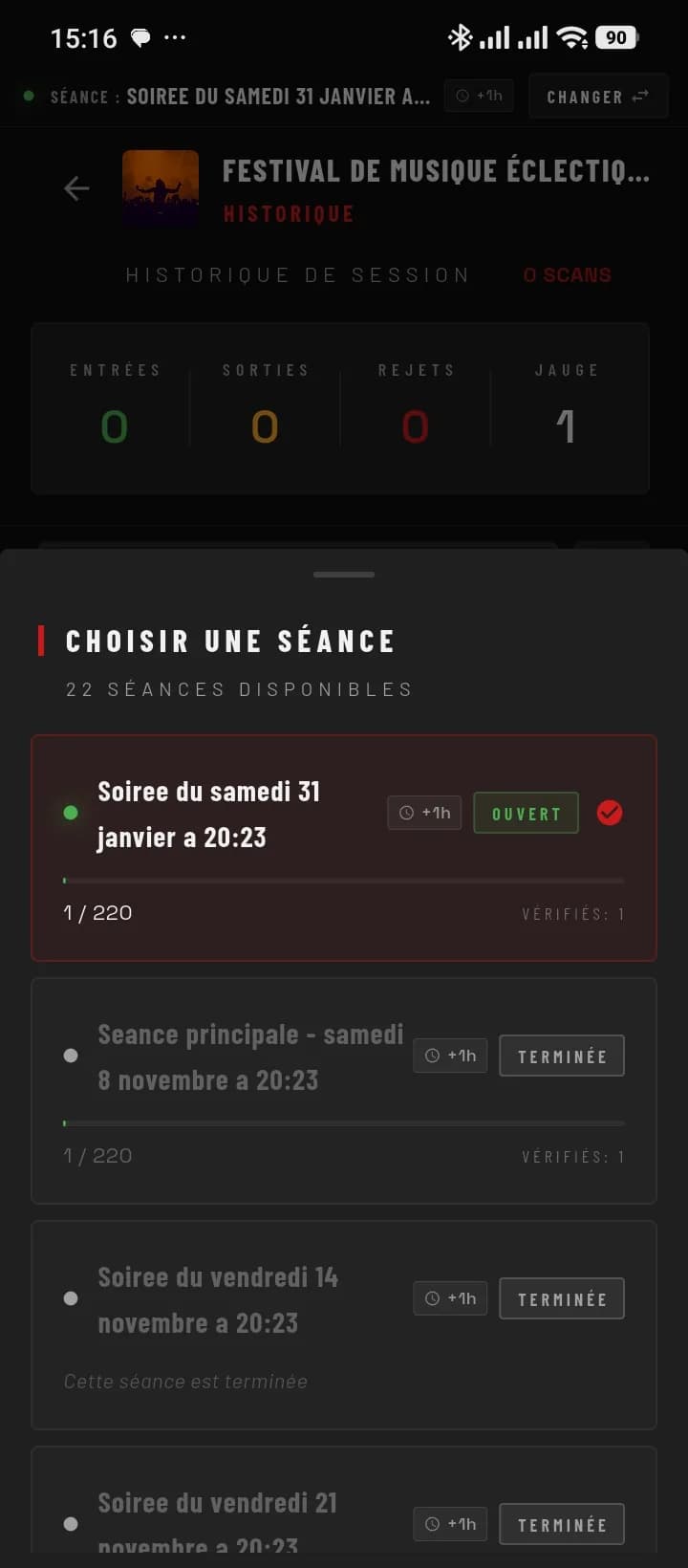 Sélection de séance dans IciBillet Scan avec statistiques entrées, sorties, rejets
