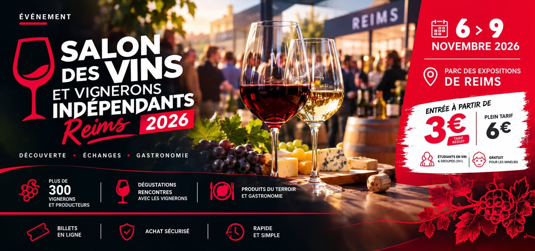 La billetterie du 34ᵉ Salon des Vins et Vignerons Indépendants à Reims annoncée à partir de 3 euros