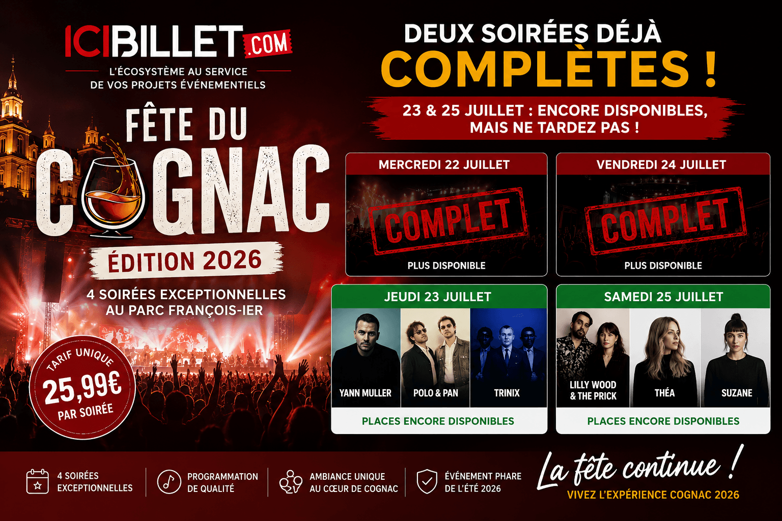 Fête du Cognac 2026 : les 22 et 24 juillet déjà complets, cap sur les dernières places des 23 et 25 juillet